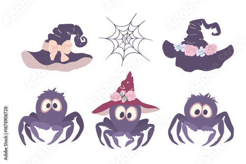 Cartoon halloween stickers. Set of cute flat illustrations : black spider, witch hat, spider web.