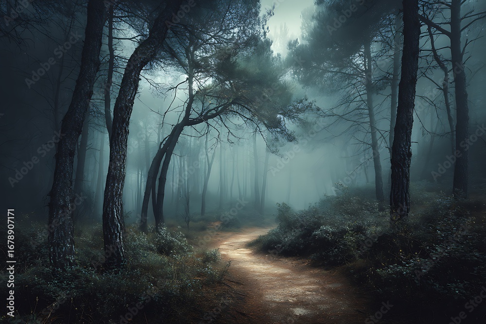Naklejka premium Enigmatic path winding through a dark and misty forest, a journey into the unknown.