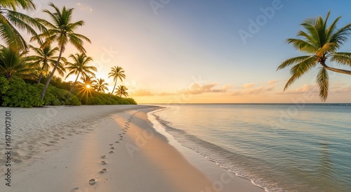 Peaceful tropical beach with palm trees during a beautiful sunset.