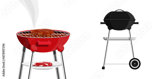 Red barbecue grill with sizzling steak and raw meat on white plate, and black closed charcoal grill. Summer outdoor cooking concept for web design.