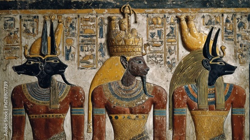 Egypt Osiris. Ancient Egyptian Tomb Painting featuring Osiris and Anubis in Luxor, Thebes