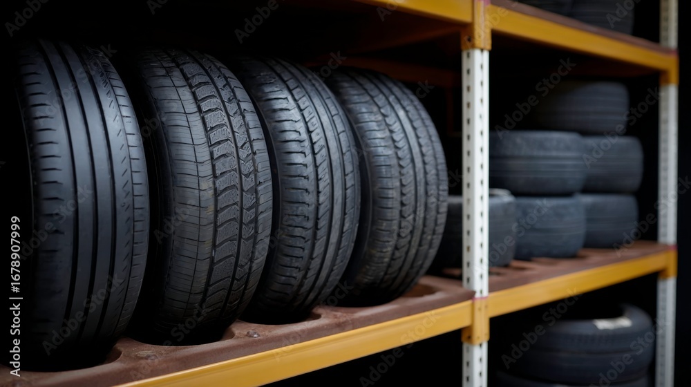 Obraz premium Tire storage management warehouse industrial photography organized environment close-up view efficiency concept