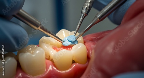 精緻な歯科治療、歯の修復作業が精密に行われています。