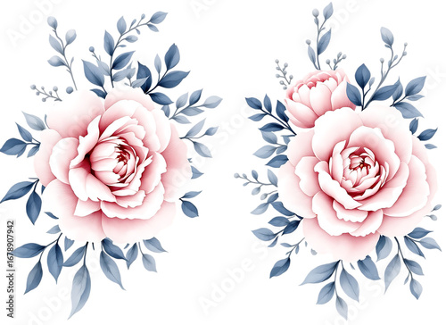 Pink roses floral arrangements with blue leaves, isolated on a transparent background.

