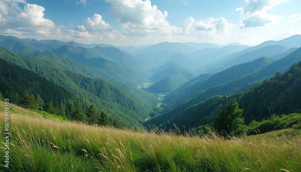 Fototapeta premium Expansive mountain range with green valley under clear blue sky. Rolling hills covered in dense forests stretch into distance. Tall grasses in foreground sway gently, framing serene natural landscape