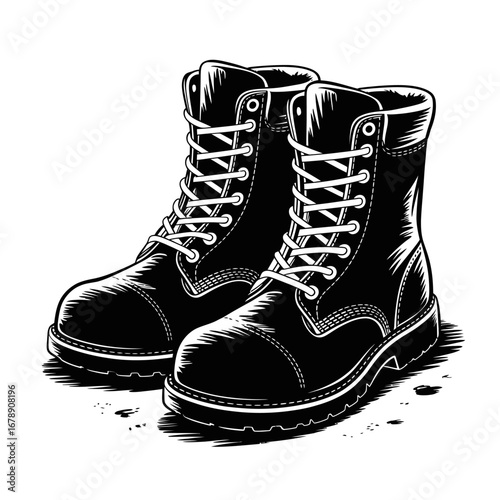High Top Lace Up Work Boot Illustration An isolated, outlined vector design.