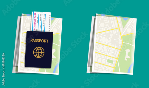 Passport with boarding pass on map. Travel document with plane ticket and city map. Global journey planning concept.