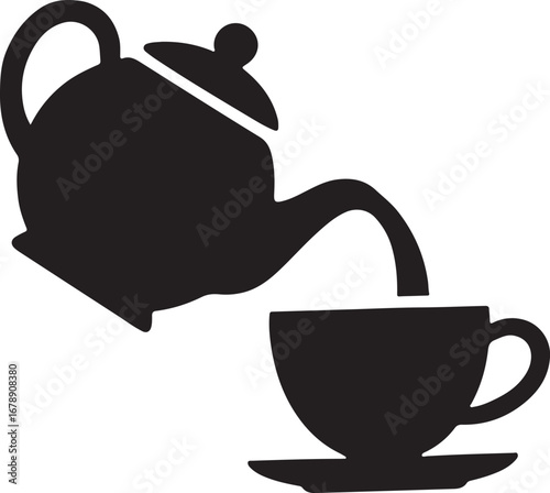 Black silhouette of teapot pouring tea into cup isolated on white background