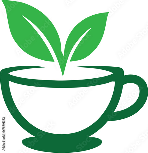 Green tea cup with sprouting leaves isolated on white background