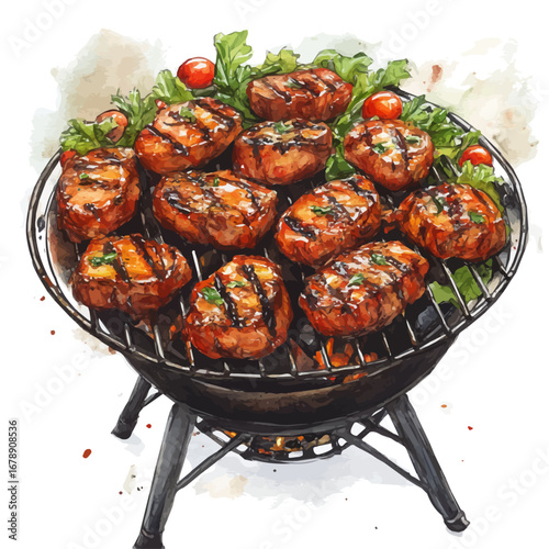 Summer Barbecue, watercolor vector, isolated on a white background.