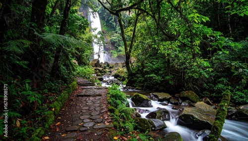 Stone Path Beside Rainforest Stream Leading to Waterfall