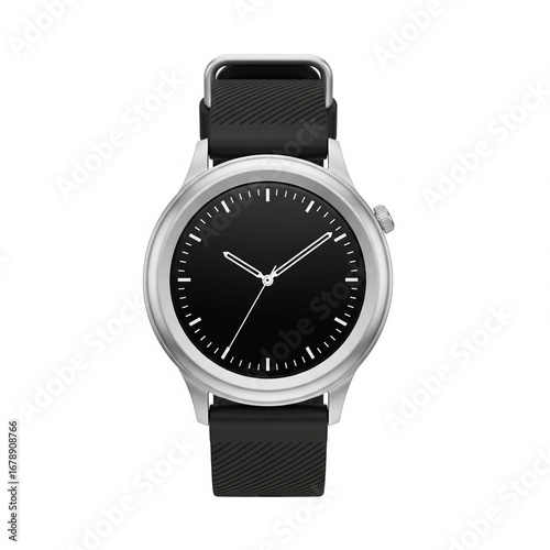 A silver and black smartwatch displaying a simple clock face, against a stark white background, shadowless.