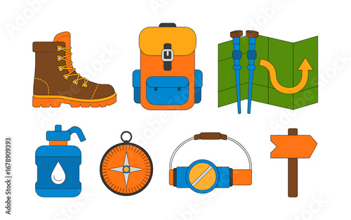 Essential Hiking Equipment Set Boots, Backpack, and Tools for Outdoor Adventures.eps