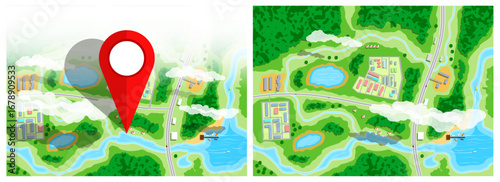 Top view map of city infrastructure. Navigate location with red map pin. Urban planning and landscape design with streets and river network.