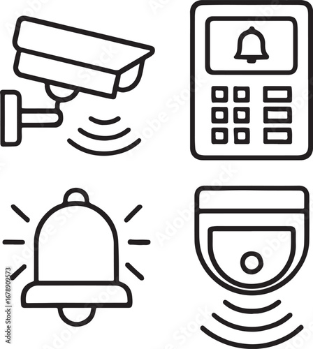 Security system icons including camera keypad bell and motion sensor isolated on white background
