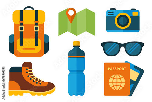 Flat Vector Tourism and Travel Icons Backpack, Map, Camera and Essentials for Adventures