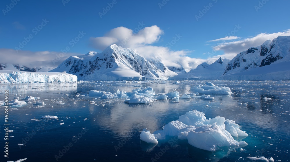 Obraz premium Dramatic icy landscape in Antarctica showcasing towering glaciers and serene waters on a clear day