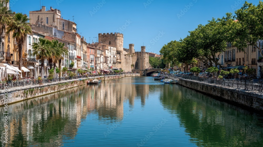 Fototapeta premium France Narbonne. Historic City with River, Bridge, and Old Architecture in Europe