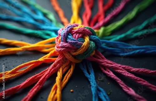 Vibrant, interwoven threads knotting together on dark surface, collaborative power, interconnectedness, shared human potential through diversity. Colorful strands represent unity, teamwork, community