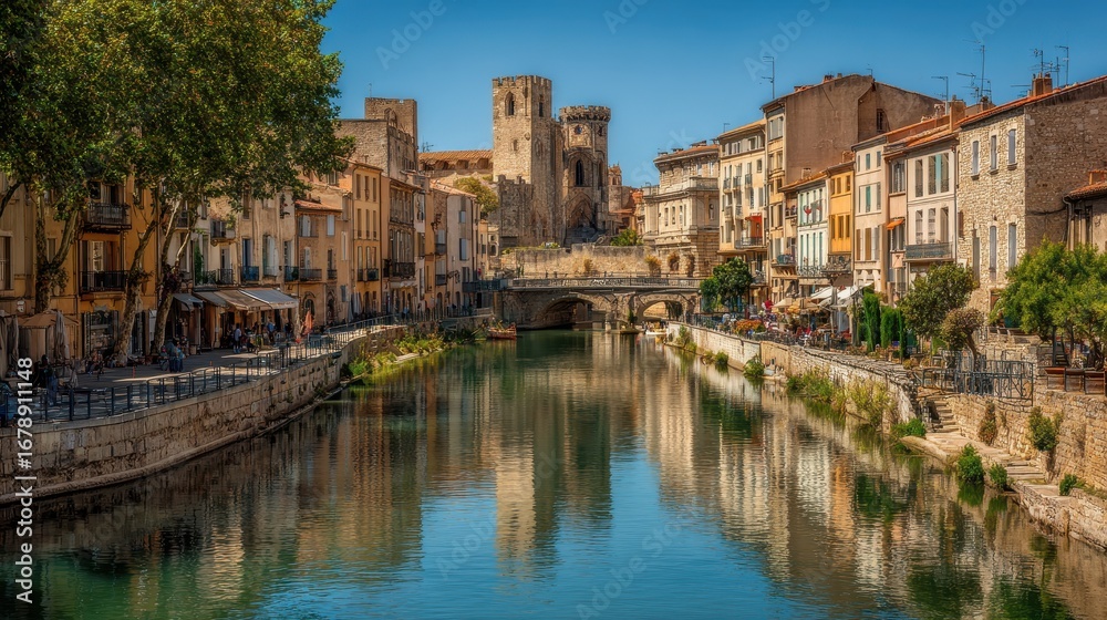 Obraz premium France Narbonne. Historic Old Town with River, Bridge, and Stunning Architecture