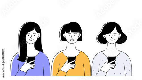 Three Diverse Reactions to Mobile Device: Female Character Expressing Shocked Wonder, Pleasured Excitement, and Annoyed Pondering. Social Media Drama.