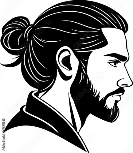 Vector art of man with long hair tied in a bun and beard in vector format for professional use