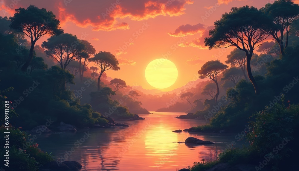 Obraz premium Illustration of serene jungle river at sunset. Rich trees line banks with mist creating depth. Vibrant orange sky reflects on calm water. Silhouettes of exotic trees and distant hills are visible.