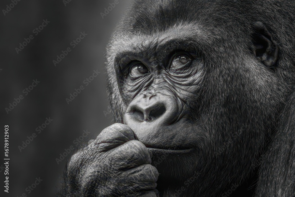 Obraz premium Gorilla Thinking. Black and White Animal Concentrating with Intense Eyes