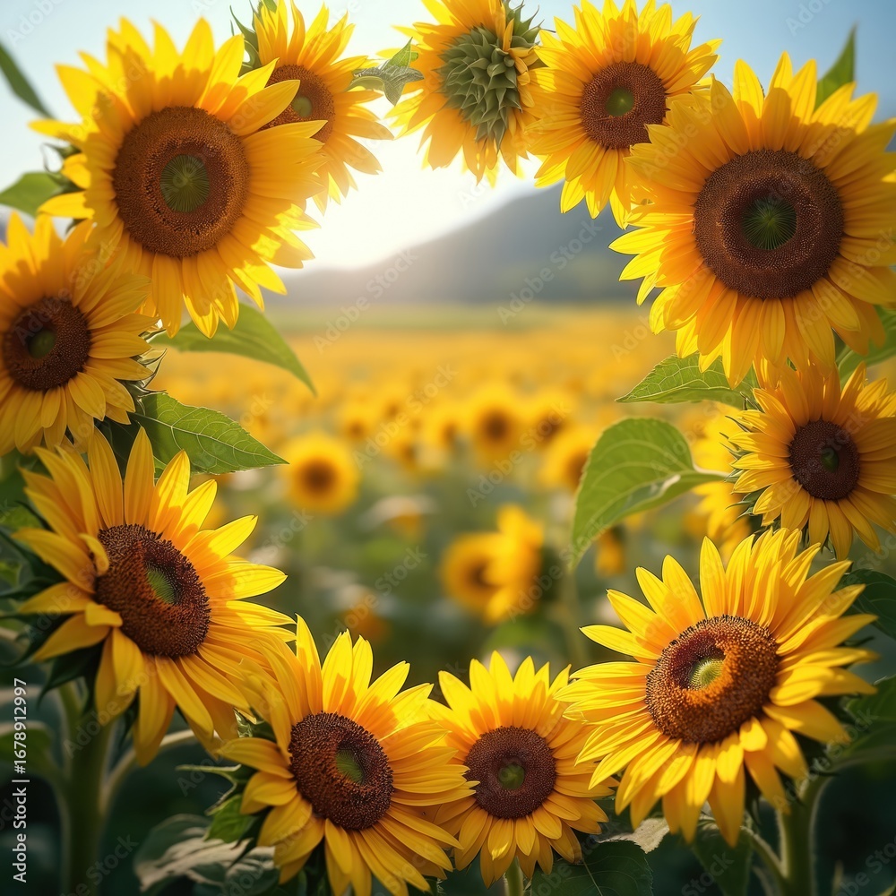 Fototapeta premium Close-up frame of vibrant sunflowers with yellow petals, blooming in a field under bright sunlight. The illustration captures a sunny day, representing summer joy and natural beauty.