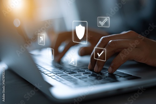 Business professional ensuring digital compliance and data security on laptop.