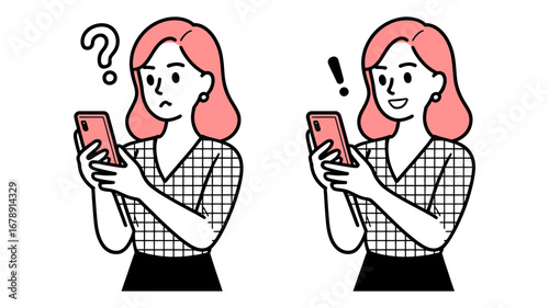 Set of Young Woman Holding Smartphone with Thinking and Smiling Expressions, Flat Style Character Isolated on White for Emotion, Communication, or Technology Concepts