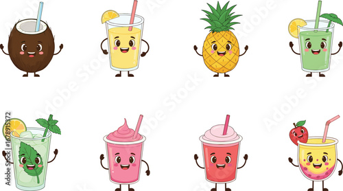 Cartoon tropical drinks, cute beverage characters, smiling coconut, pineapple, smoothie, mint cocktail, summer refreshment illustration, fun vector design, children’s media concept