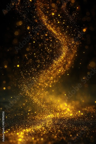 Golden particles swirling on a dark background
