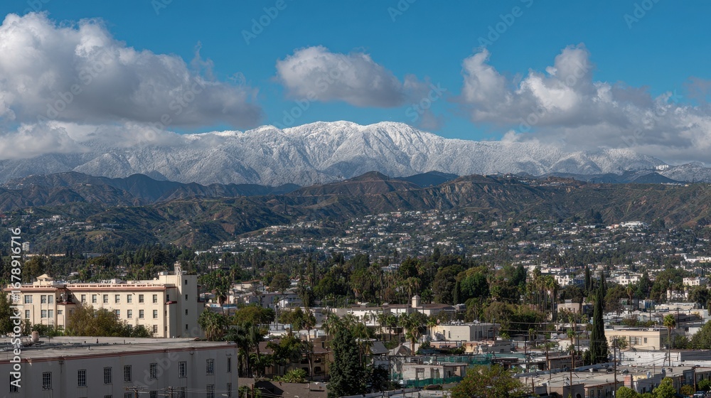 Obraz premium Hollywood Mountains. Los Angeles Skyline with Snowy Hillside View