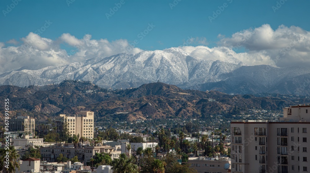 Obraz premium Hollywood Mountains. Snowy Hillside View of Los Angeles Skyline