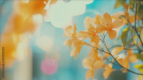 Vibrant yellow flowers blossoming in a lush garden, with out-of-focus green leaves and vivid spring lighting.