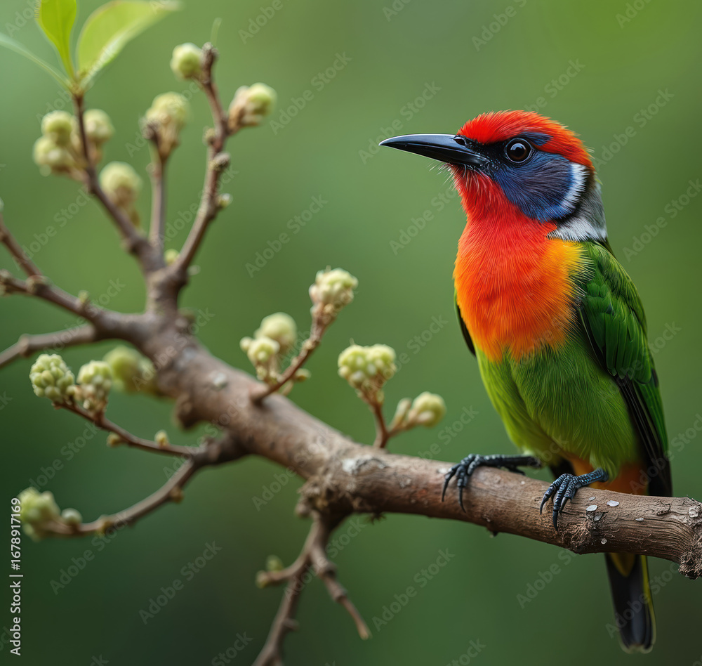 Fototapeta premium Colorful Coppersmith Barbet perched on tree branch. Small avian species exhibits vibrant plumage with red, orange, green, blue colors. Focus on intricate feather details, natural jungle environment.
