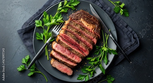 Juicy sliced ribeye steak with fresh parsley on a dark plate