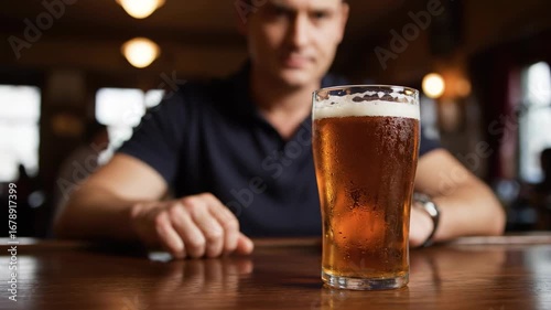 A man sitting at a bar makes a stop gesture with his hand firmly refusing a full glass of beer symbolizing a choice for sobriety and health

