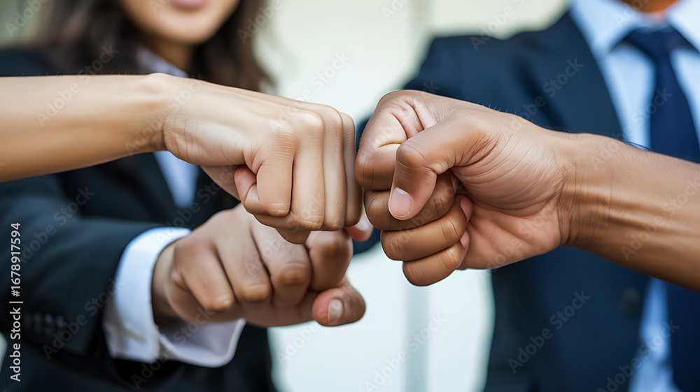 Fototapeta premium Two professionals in suits fist-bumping symbolizing teamwork collaboration and success in business