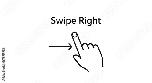 A simple illustration of a hand with an arrow indicating to swipe right on a white background space