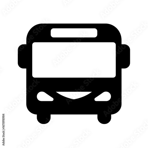 Bus Icon: Simple black bus icon for transportation, travel, public transit, and city navigation.