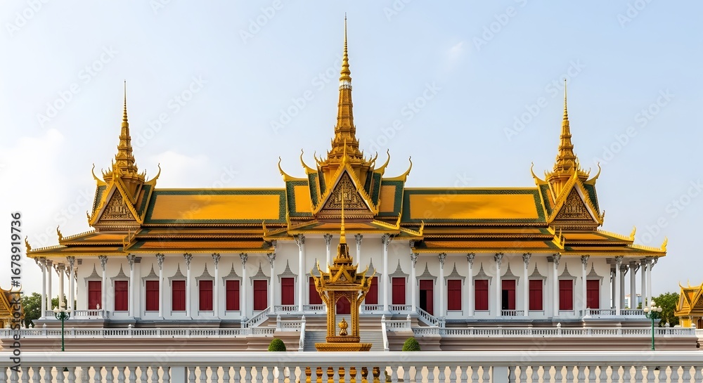 Fototapeta premium Majestic Royal Palace Phnom Penh: Golden Roofs and Spires under Clear Sky, Cambodian Architectural Grandeur and History