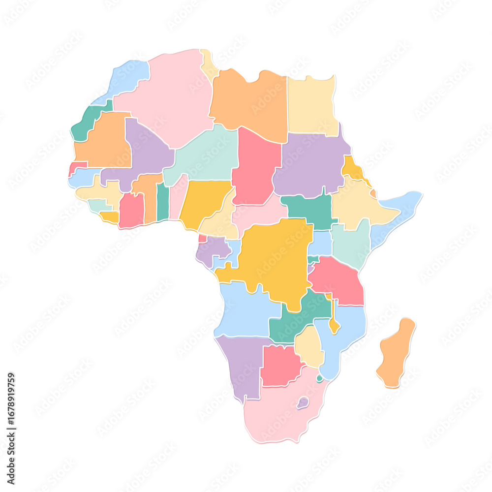 Obraz premium Map of Africa, each country has its oun color and ouline borders. Multicolor political map. Vector illustration. Atlas, clipart, symbol.