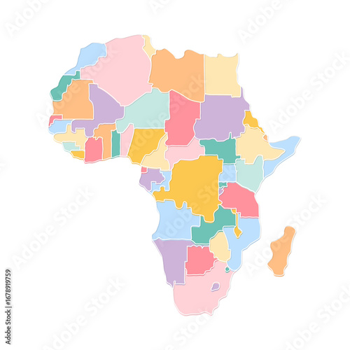 Map of Africa, each country has its oun color and ouline borders. Multicolor political map. Vector illustration. Atlas, clipart, symbol.