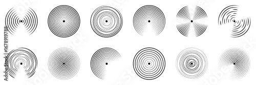 Set of black and white radar and sonar icons. Linear sound wave icons, concentric signal circles, echo sounder symbols. Vector illustration on a transparent background