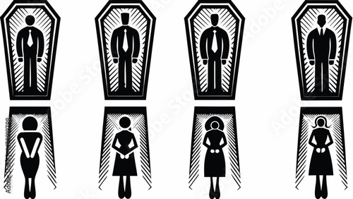 Men and women in coffins symbolizing end of life or solemn business concepts