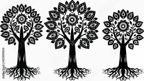 Stunning ornamental trees with intricate mandala-like leaves and detailed roots create elegant natural art