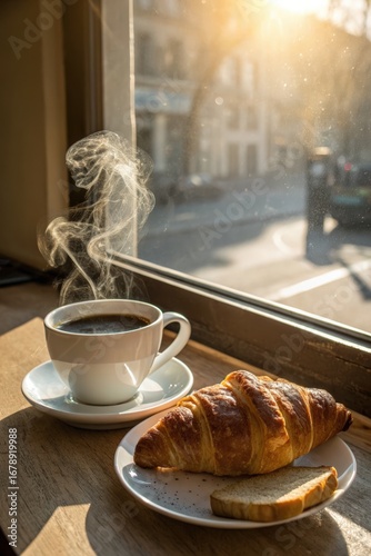 Steaming cup of coffee paired with a golden croissant by the window in a cozy cafe at sunrise