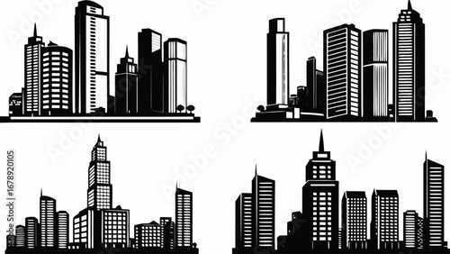 Modern city skyline silhouettes showcasing diverse architectural designs and urban landscapes